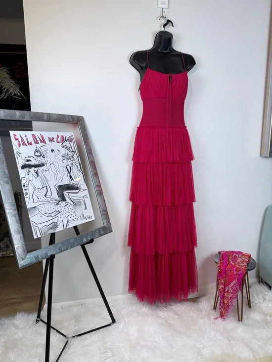 NWT ML Monique Lhuillier Tiered Tulle Maxi Dress Cherry Pink Size 8 - Picture 4 of 14